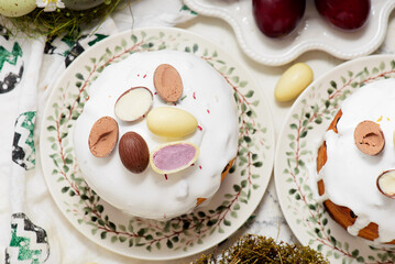 Traditional Ukrainian Easter pastry paska and painted eggs.