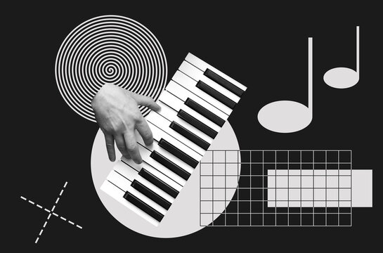 Collage with a hand plays on keyboards