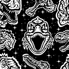 Seamless vector pattern with silhouettes of roaring dinosaur heads with fangs and open mouth against black background with stars. Vintage style
