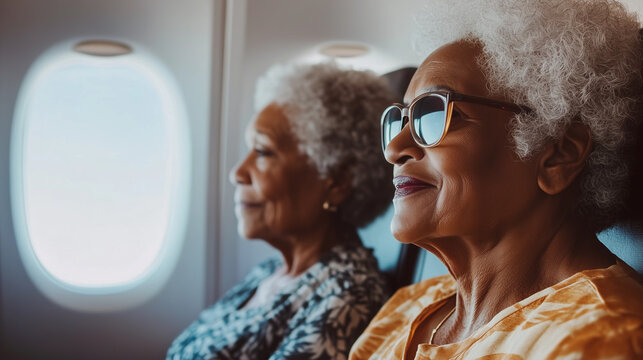 portrait of a senior black woman in sunglasses. Elderly african american lady on a plane going on vacation holiday with best friend sister partner. Happy summer travelling. Retirement plans insurance.