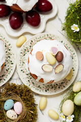 Traditional Ukrainian Easter pastry paska and painted eggs.