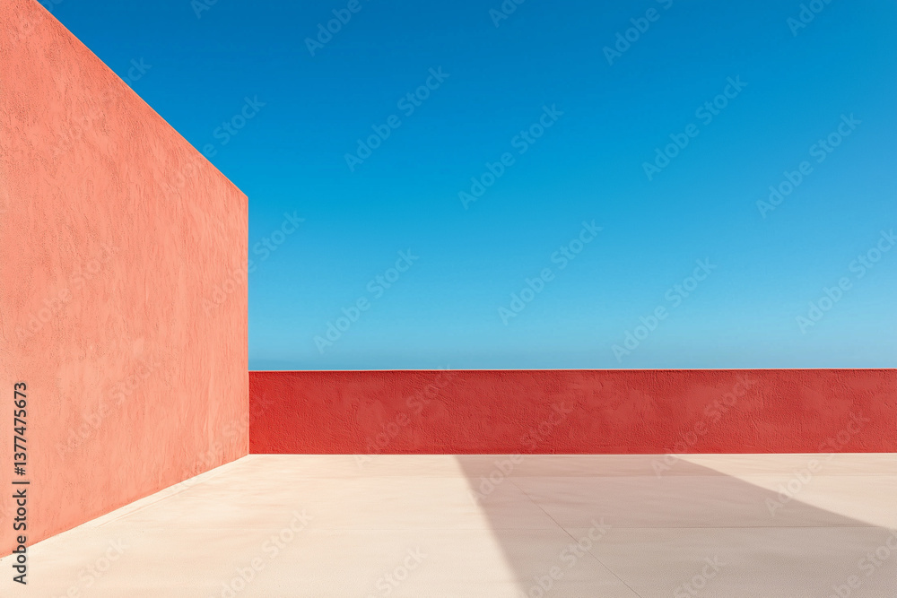 Poster Modern minimal architecture with bold colors and clear sky creates striking visual