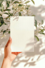 Obraz premium hand holds blank sheet of paper surrounded by green leaves and soft sunlight, creating serene