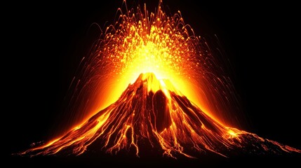 Explosive Eruption of a Majestic Volcano with Lava Flow and Fiery Ash Clouds Illuminating the Night Sky