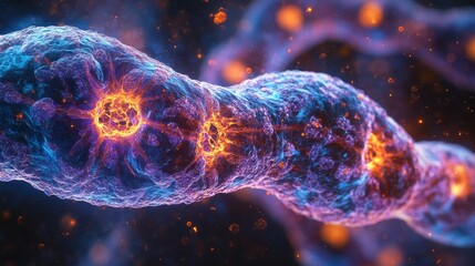 Glowing microscopic cells in vibrant abstract organic structure