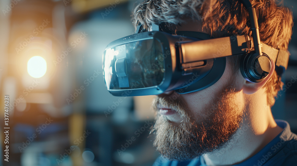 Poster man wearing virtual reality headset in tech environment, focused and engaged