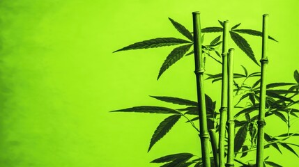 Obraz premium Fresh Green Bamboo Stalks with Vibrant Green Leaves Against a Textured Bright Background for Nature and Wellness Themes