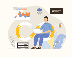 DevOps developer concept. Programmer working on software development, operations process, technical support, automation process. Flat vector illustration.
