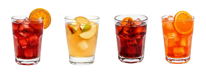 Exotic cocktails, Negroni, Aperol Spritz, Peach mix, Red Sangria cocktail transparent PNG set bundle, isolated background. Bar menu cocktails in old fashioned and wine glass, colorful refreshing drink
