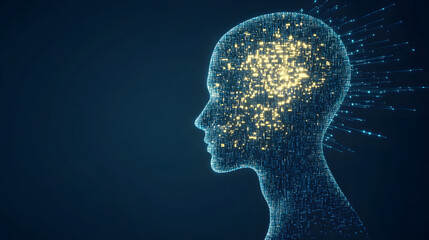 Digital human head composed of data and code, surrounded by abstract technology elements, symbolizing artificial intelligence and the future of technology.
