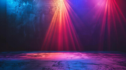 Obraz premium Vibrant stage lights create colorful atmosphere with beams of red, blue, and purple hues