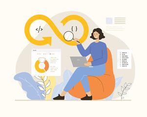 DevOps developer concept. Programmer working on software development, operations process, technical support, automation process. Flat vector illustration.