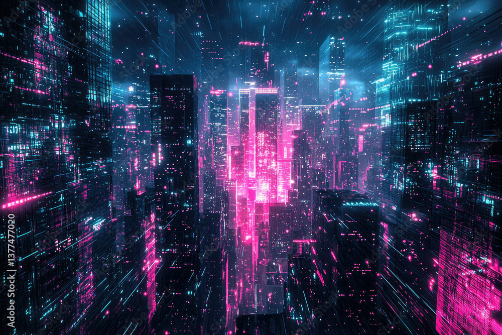 Poster neon cityscape with skyscrapers illuminated in pink and blue, creating a futuristic, cyberpunk atmos