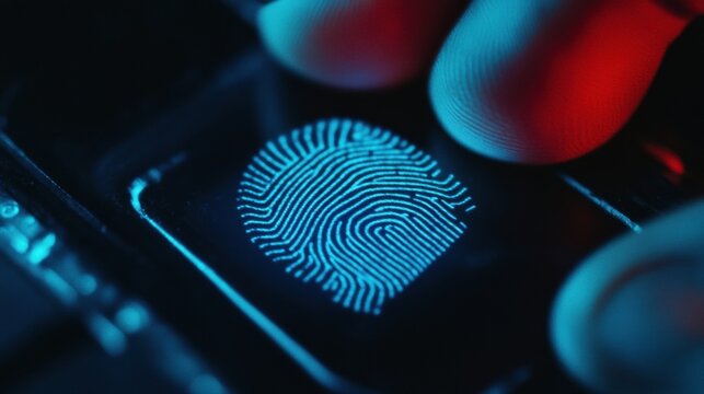 Close Up of Finger on Fingerprint Scanner, Blue and Red Lighting