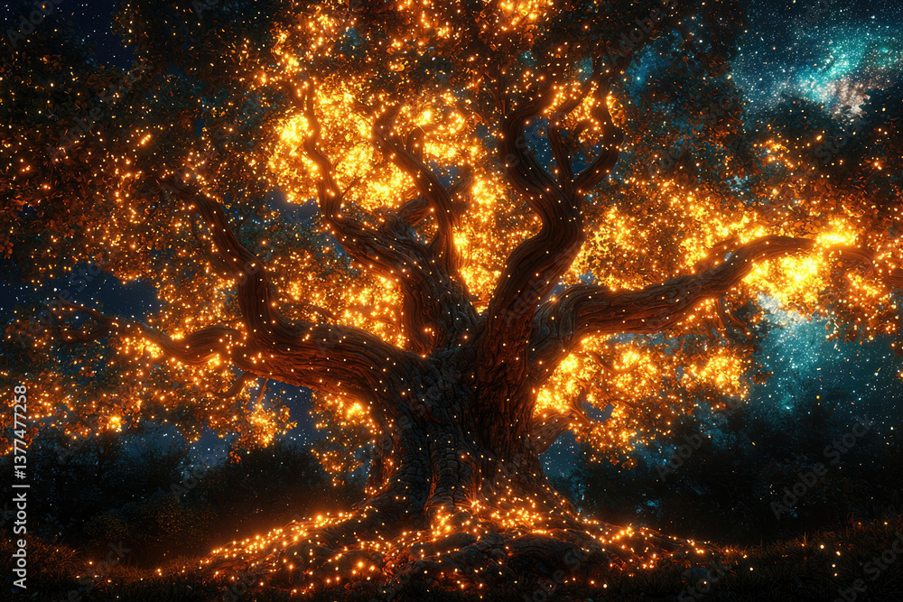 Poster a majestic tree glows with golden light against a backdrop of stars, evoking a sense of wonder and m