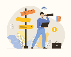 Finding ideas, solutions, brainstorming process. Man search for right direction. Business vision. Flat vector illustration.