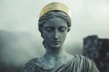 Obraz premium serene Roman statue with golden halo stands against misty background, evoking tranquility