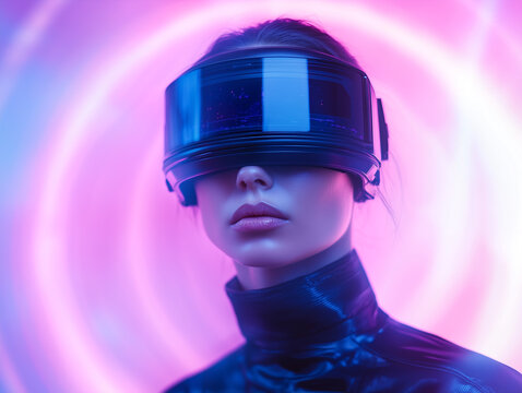 Futuristic female model wearing sci fi visor in neon lights, exuding cutting edge vibe
