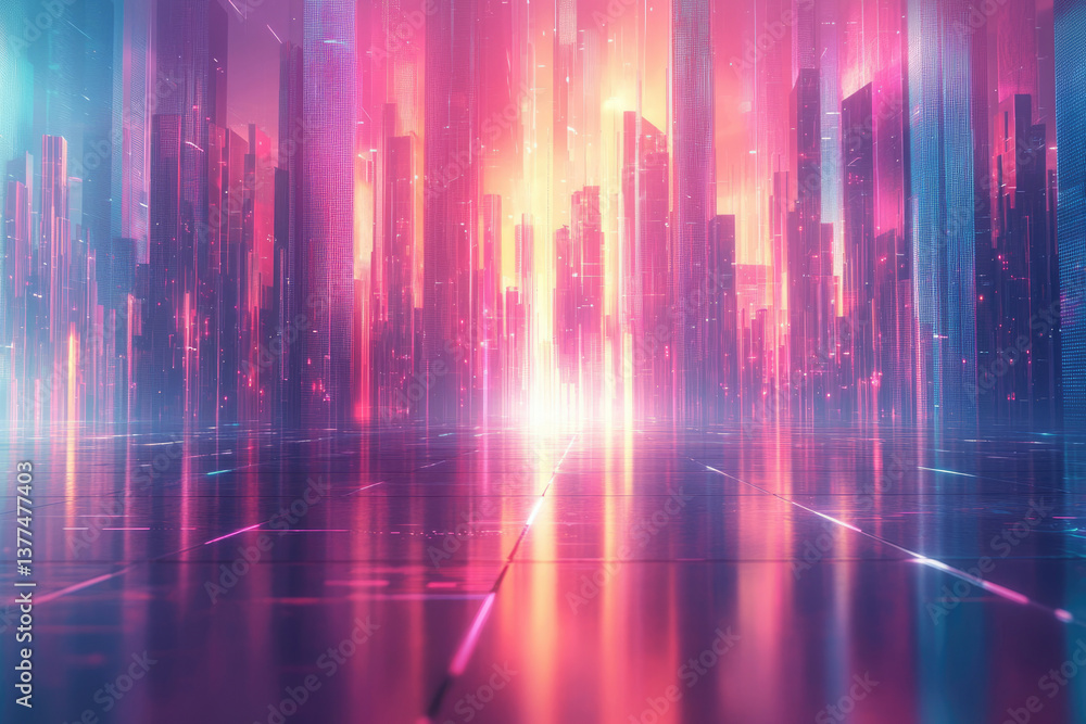 Poster A vibrant cityscape reflects neon lights onto sleek pavement, creating a mesmerizing and futuristic scene with dynamic color gradients.