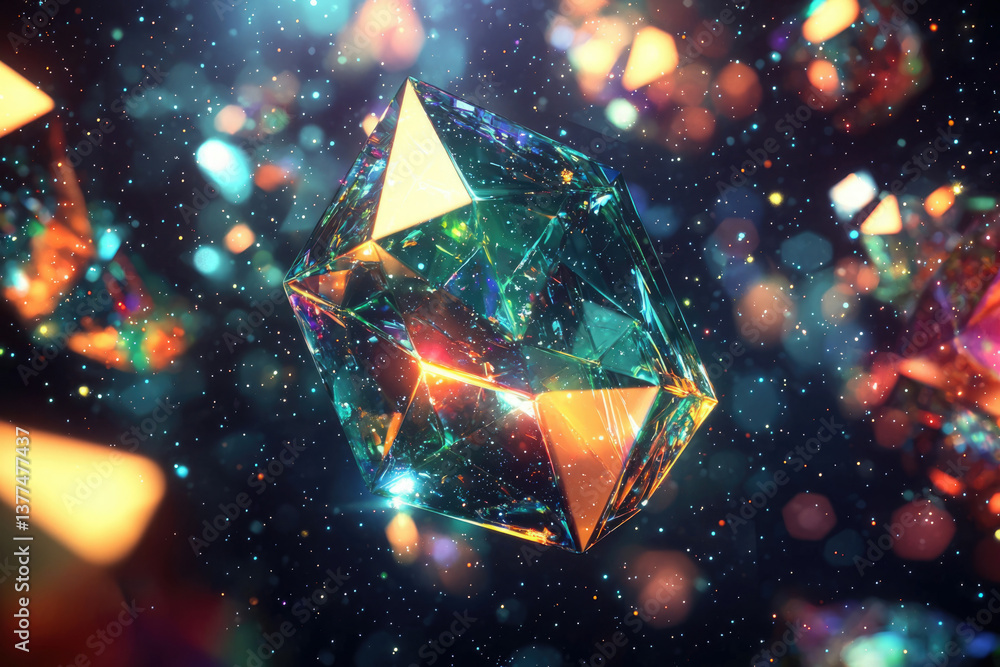Poster a multifaceted crystal orb floats amidst a cosmic backdrop, sparkling with brilliant light and mysti