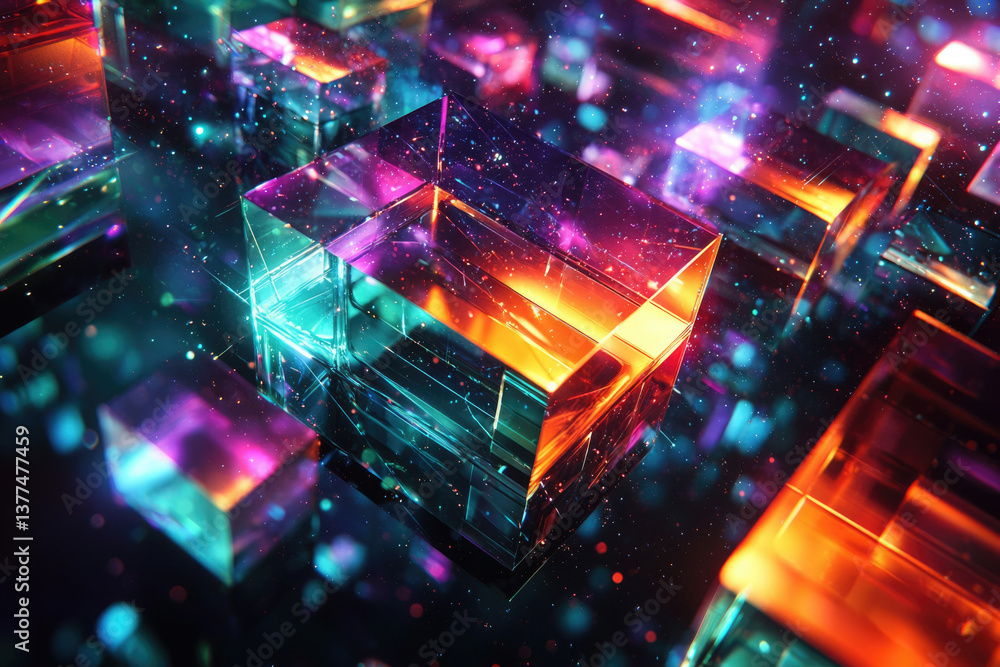 Aufkleber abstract shimmering crystal cubes float amidst a vibrant, sparkling field of colorful bokeh lights a