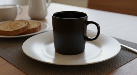 Fototapeta premium Black Coffee Mug on White Plate with Toast 