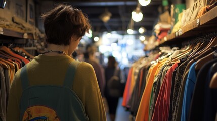 Fototapeta premium Young woman browsing colorful clothing in a vintage shop.