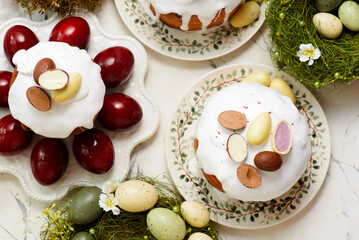 Traditional Ukrainian Easter pastry paska and painted eggs.