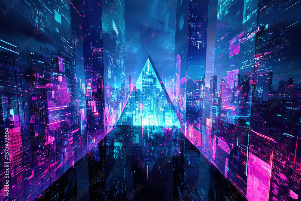 Poster futuristic cityscape with vibrant neon lights and a prominent triangular structure, evoking a sense 