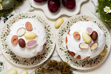 Traditional Ukrainian Easter pastry paska and painted eggs.