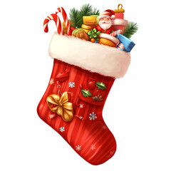 Stocking filled with festive treats and toys, isolated on transparent background