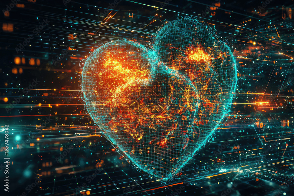 Poster a digital heart made of glowing circuits and data streams, representing love, connection, and techno