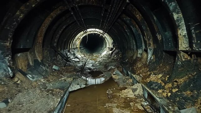 Abandoned underground tunnel showing deteriorating walls and debris with water accumulation