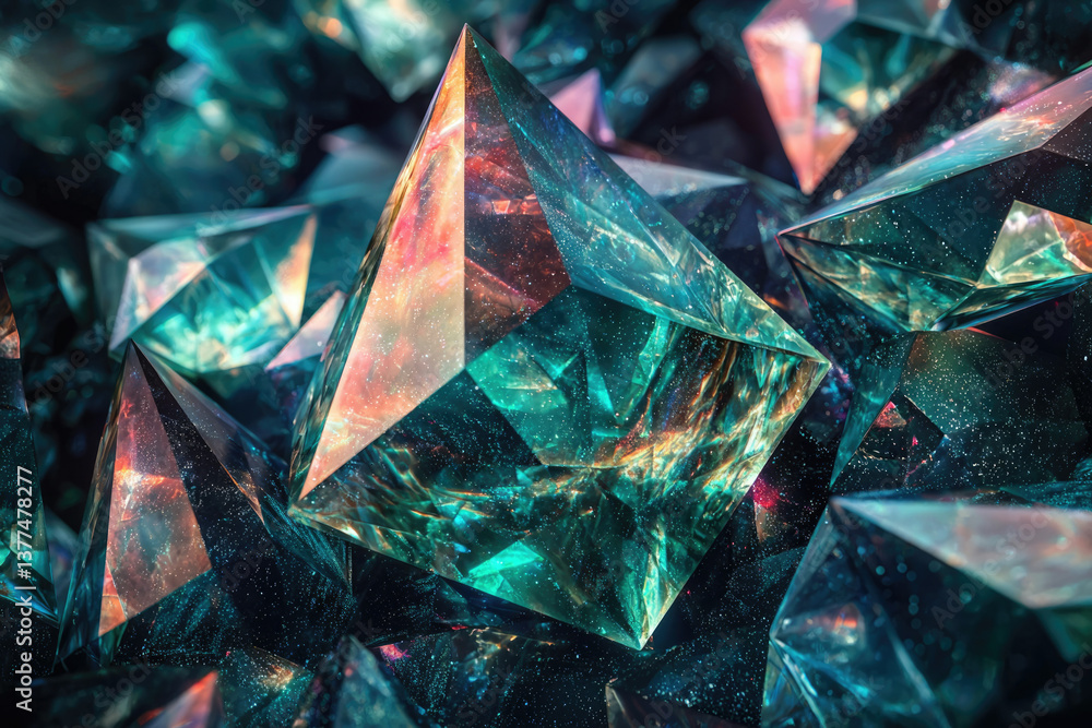 Poster a mesmerizing cluster of geometric crystals, shimmering with teal, orange and cosmic dust, creating 