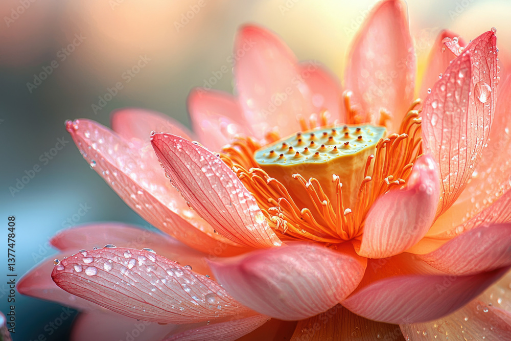 Aufkleber Close-up of a pink lotus flower with water droplets on its petals, creating a serene and visually appealing image.