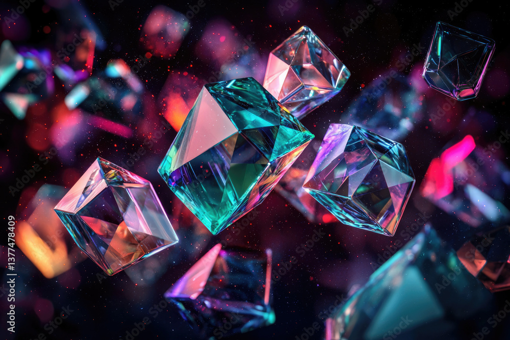 Poster A mesmerizing display of shimmering, multifaceted gemstones floating in a dark, ethereal space with sparkling colorful lights.