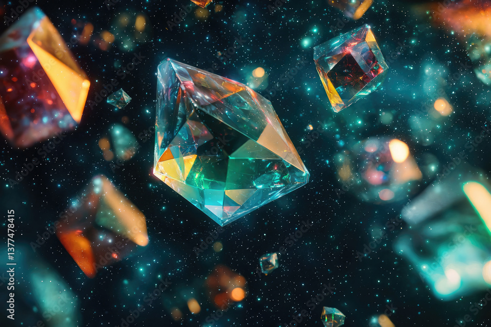 Poster gleaming geometric crystals float amongst a sea of twinkling stars, creating a celestial and mesmeri