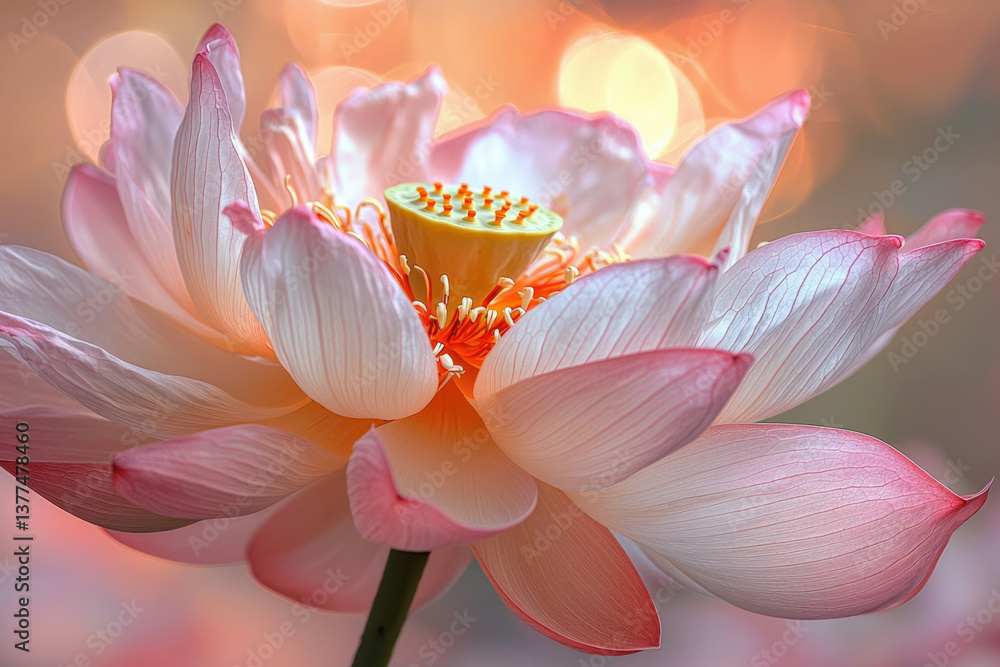 Poster a beautiful close-up of a lotus flower with pink petals and a bright bokeh background, soft and capt