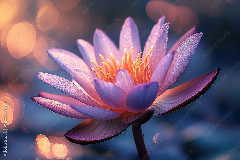 Poster a captivating water lily with soft pink petals glistens with dew under a dreamy, bokeh-filled backgr