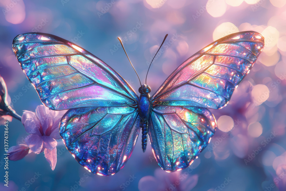 Poster iridescent butterfly with intricate wing details resting on delicate blossoms in a soft, dreamy, glo