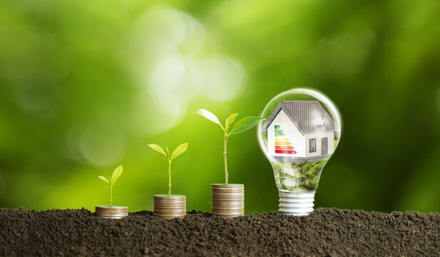 Energy-saving homes, energy efficiency concepts, eco-friendly home improvements, cost savings, low-energy eco-friendly homes, green handshake. - Powered by Adobe