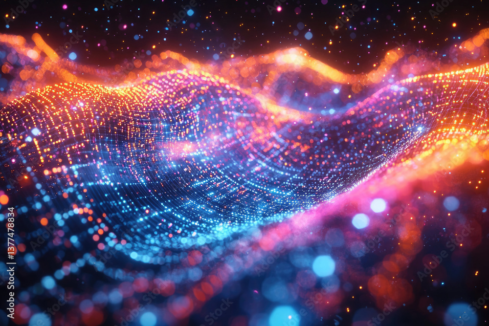 Poster a vibrant, undulating landscape of interconnected dots, glowing with orange and blue light, resembli