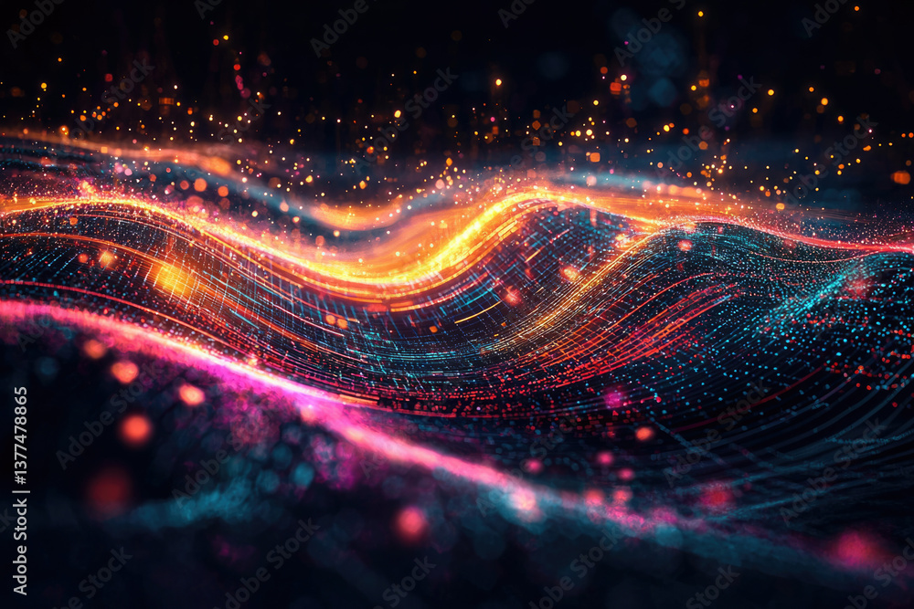 Poster Abstract digital landscape with glowing waves, featuring vibrant colors and bokeh effects, showcasing a futuristic and dynamic design.