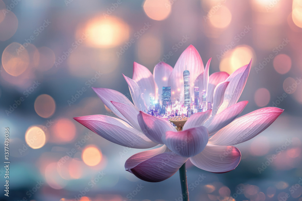Poster a surreal image of a city skyline nestled within the petals of a luminous pink lotus flower against 