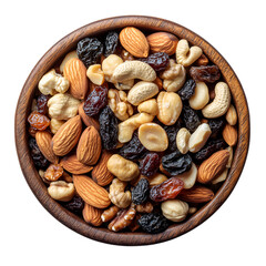 Top view of a rustic bowl filled with mixed nuts and dried fruits, perfect for healthy snack or culinary themes, isolated on transparent background