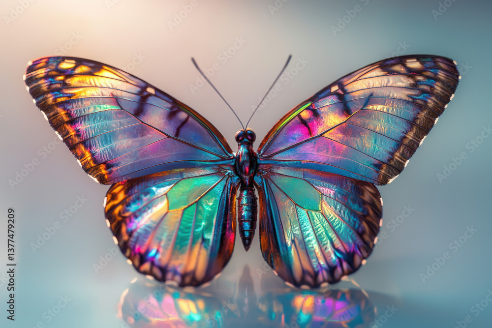 Poster a stunning, detailed close-up of a butterfly with iridescent, vibrant wings, showcasing a spectrum o