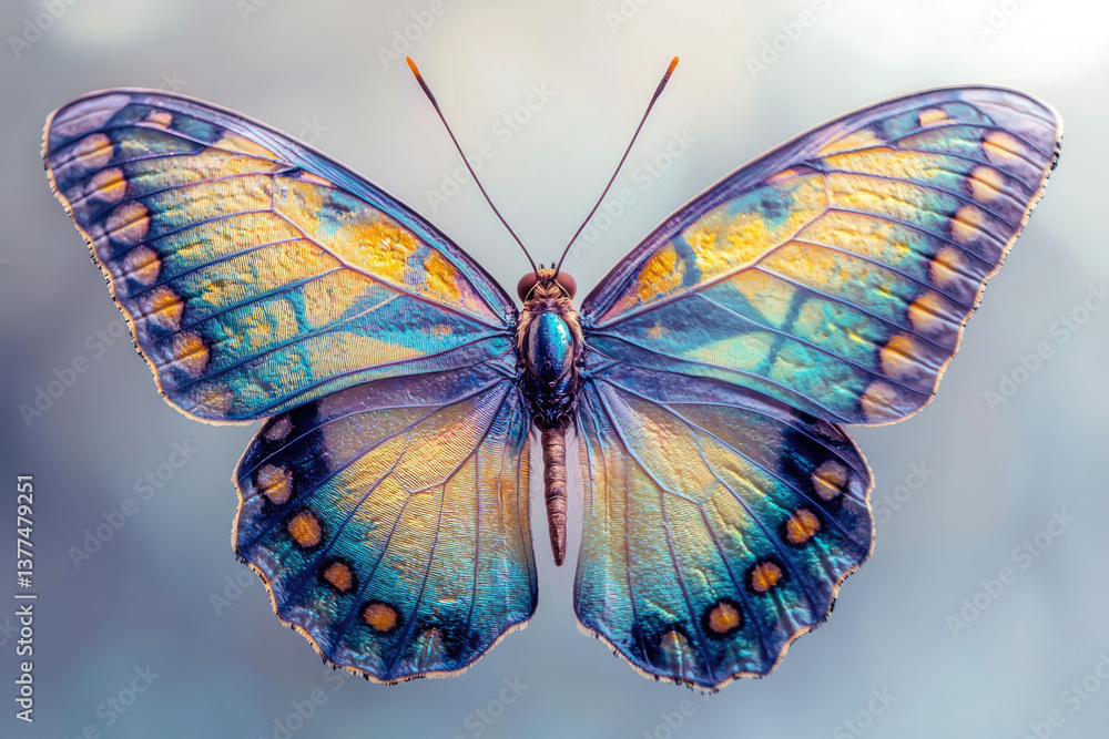 Poster macro shot of a butterfly showcasing intricate patterns and vibrant colors on its beautiful wings.