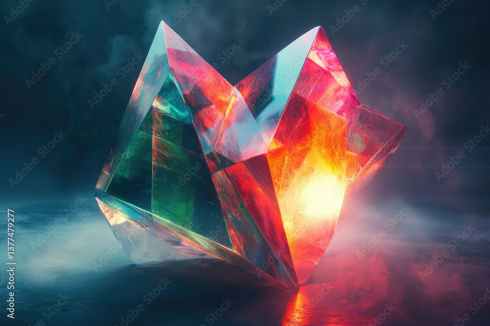 Poster A vibrant crystal formation with angular facets, showcasing a spectrum of colors illuminated on a shadowy surface and cloudy background.