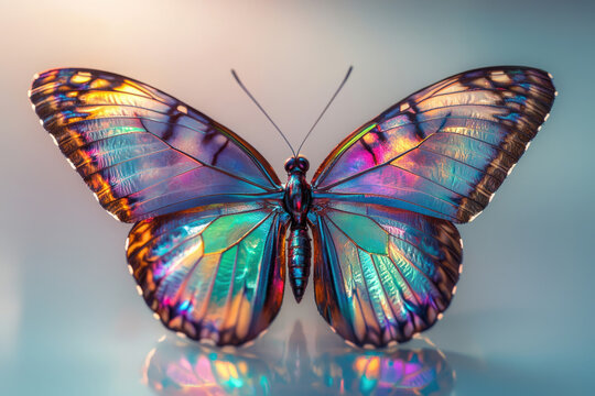 A stunning, detailed close-up of a butterfly with iridescent, vibrant wings, showcasing a spectrum of colors and intricate patterns on its wings.