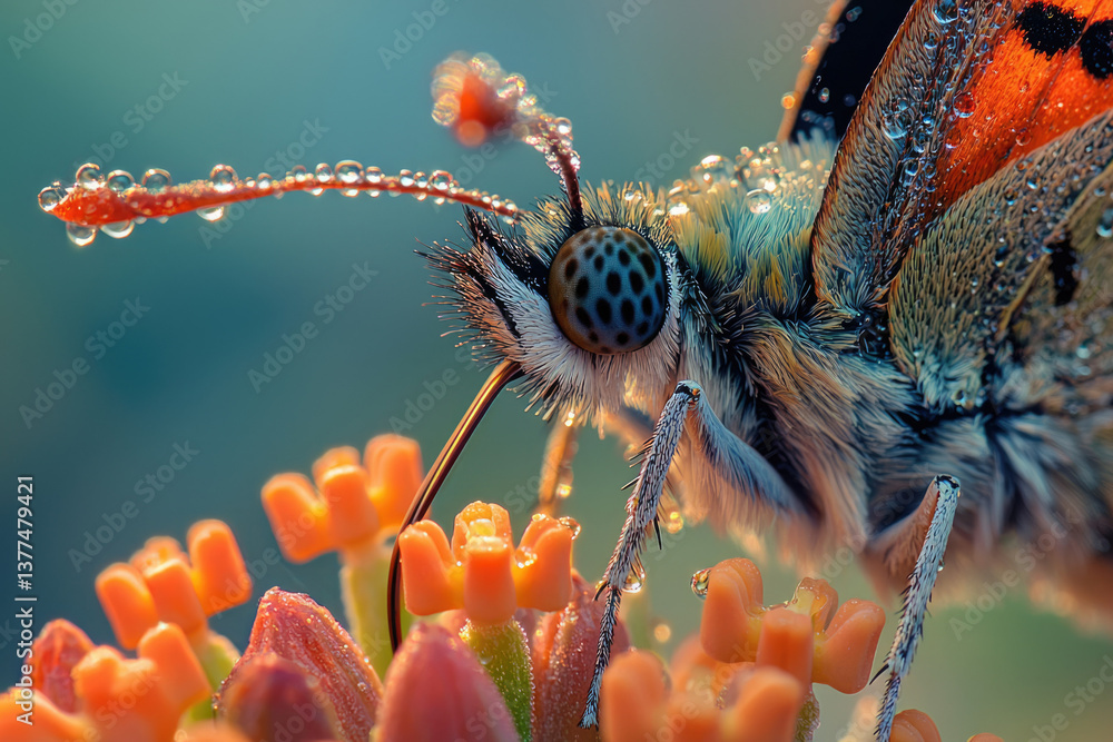 Poster close-up of a butterfly with droplets on its wings and antennae, perched on vibrant orange flowers i